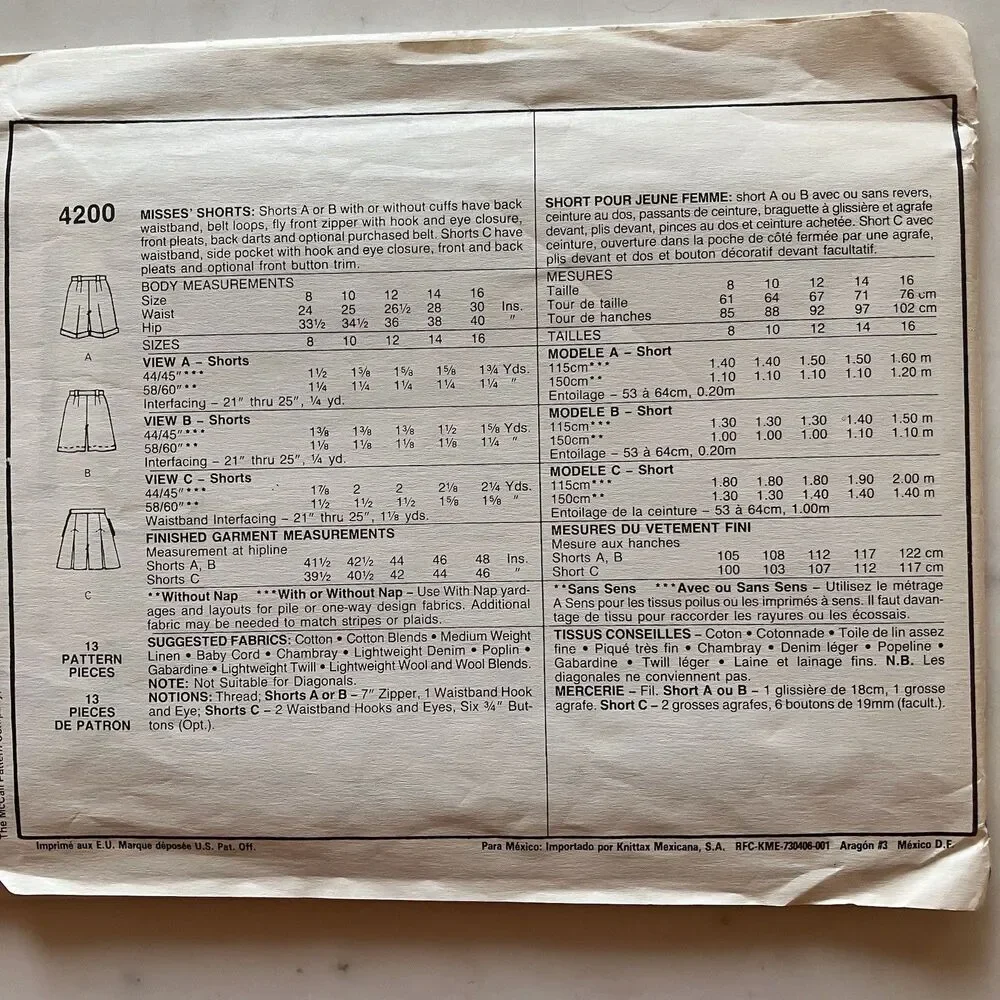 MCCALLS PATTERN 4200 SHORTS &‎ SKIRTS MISSES SIZE 16 UNCUT Vintage